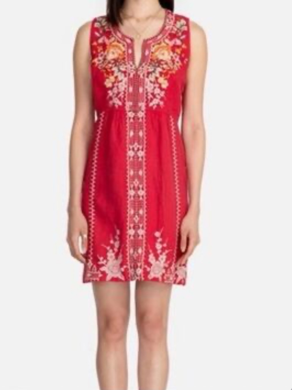 Johnny Was Red Sleeveless Embroidered Shift Dress